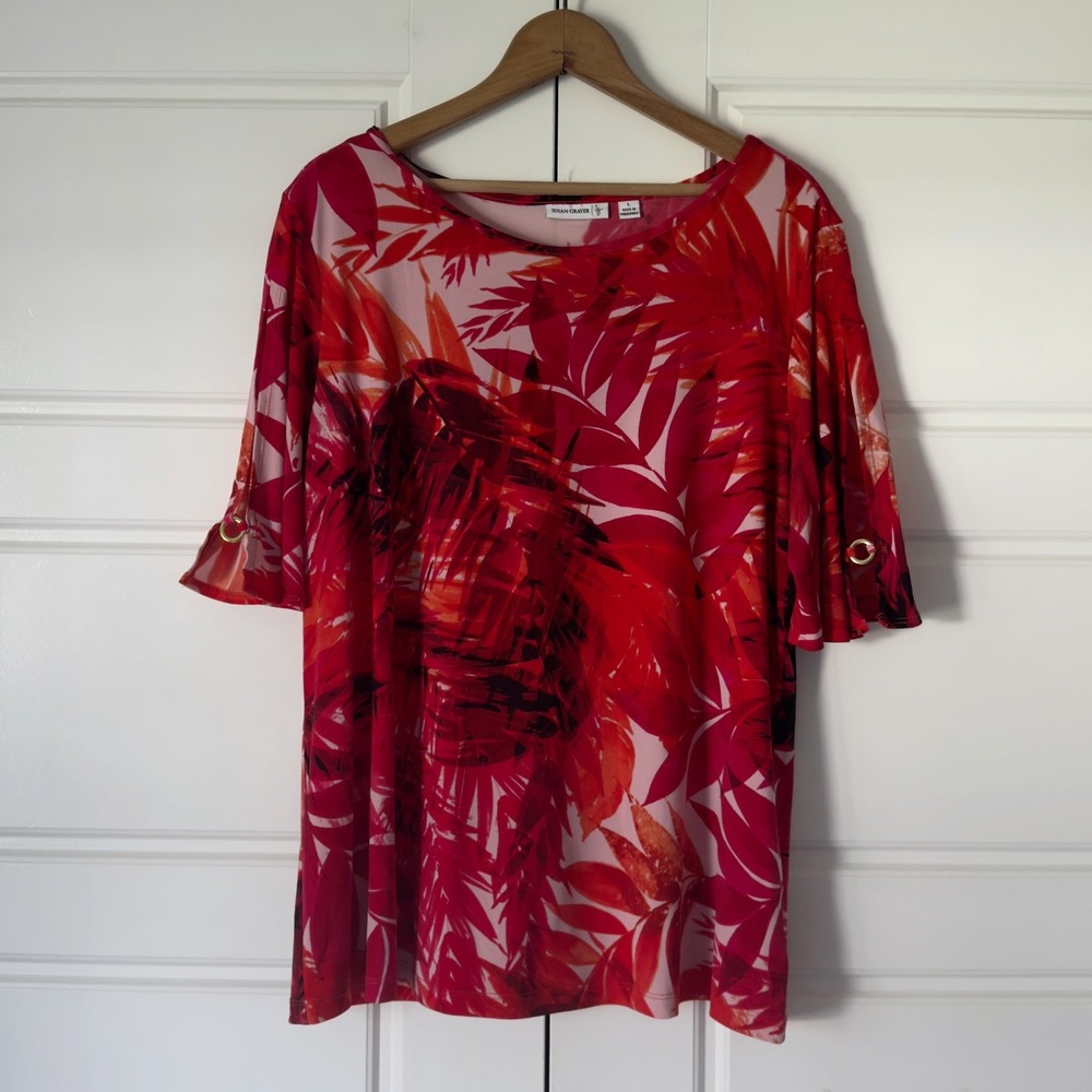 Susan Graver Liquid Knit Floral Tunic Top L Red Orange Short Sleeve Artsy Bright